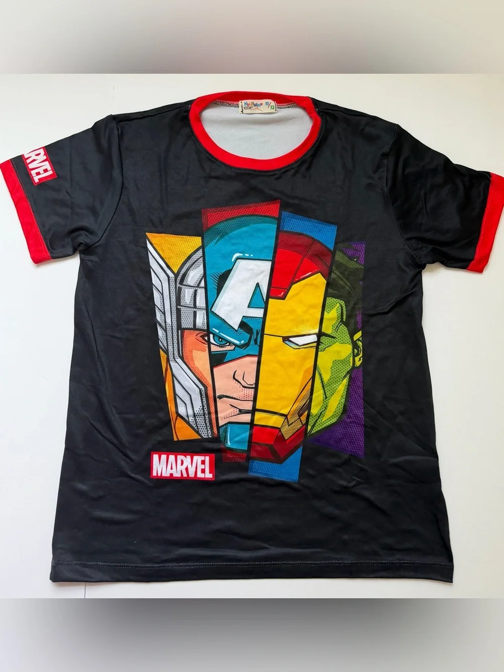 Marvel Black Tee with Multicolor Avengers Face & Colorful Icon Leggings